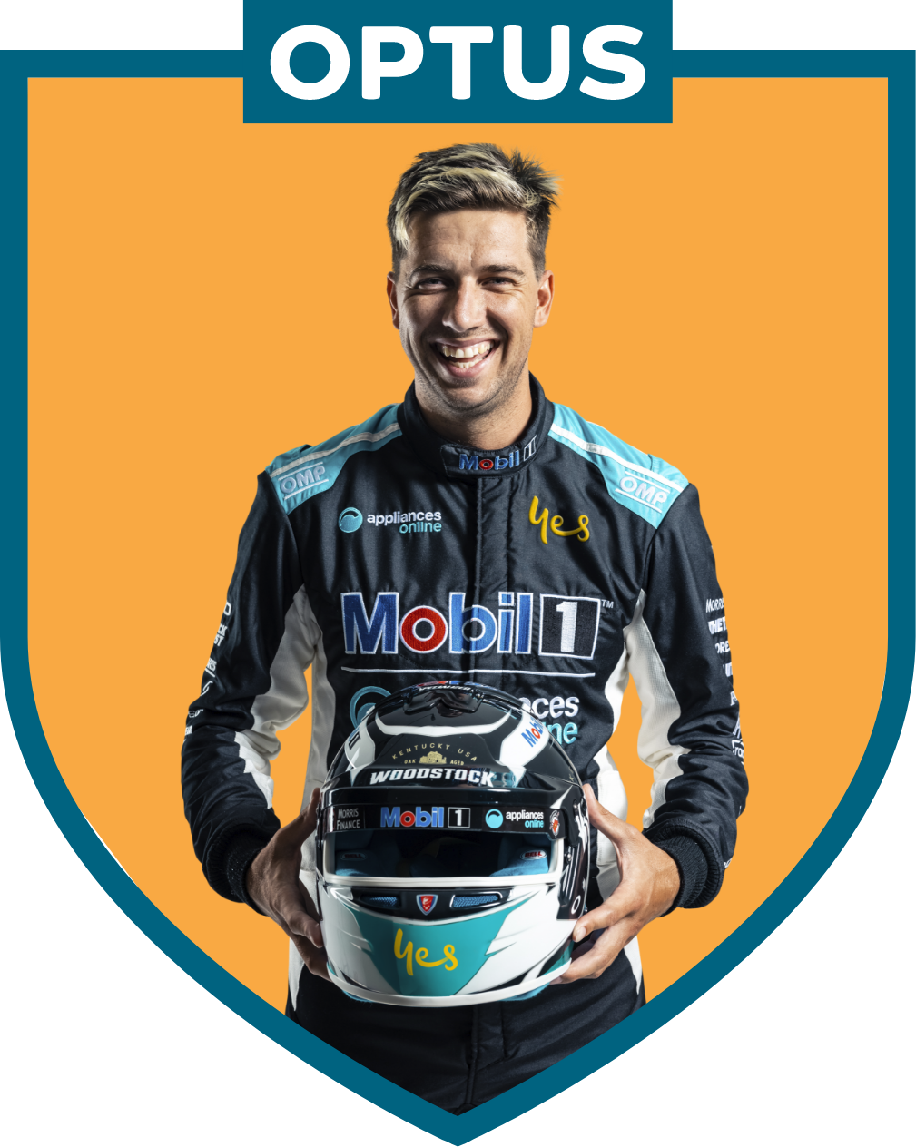 Supercar star Chaz Mostert smiling while holding his helmet.